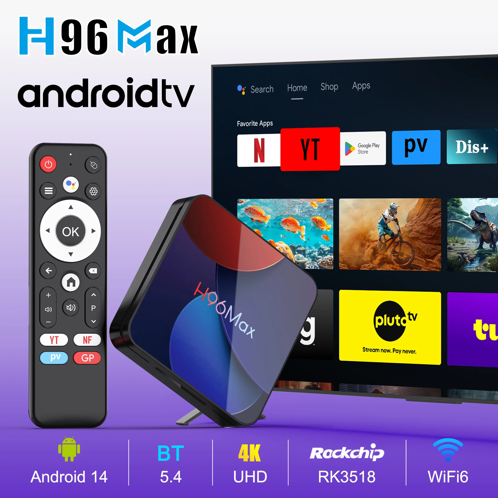 H96 MAX RK3518 Android 14 Smart TV Box 4K UHD 3D Quad Core 8/16GB WiFi6 BT5.4 Asistente de Voz de Google Nuevo Diseño de Lente Set Top Box
