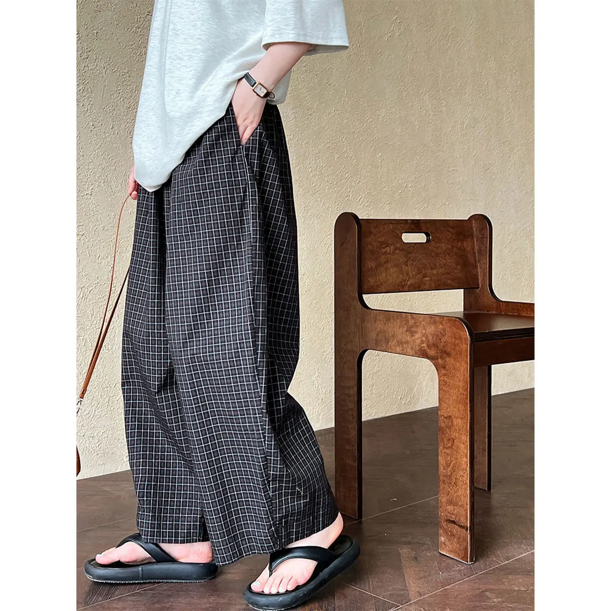 

Black White Plaid Wide Leg Pant Women 2024 Summer Elastic High Waist Loose Radish Women's Checkered Casual Pants