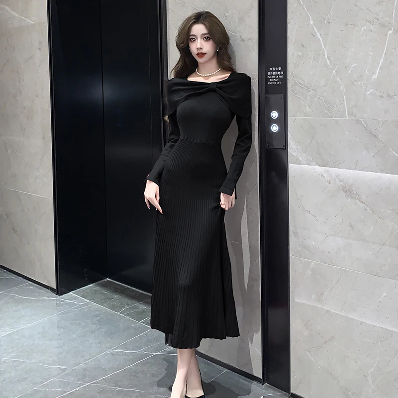 Fashion Chic Autumn Winter Red Bow Twist Knitted Sweater Dress Vintage Women O Neck Long Sleeve Stretch Pleated Long Vestidos