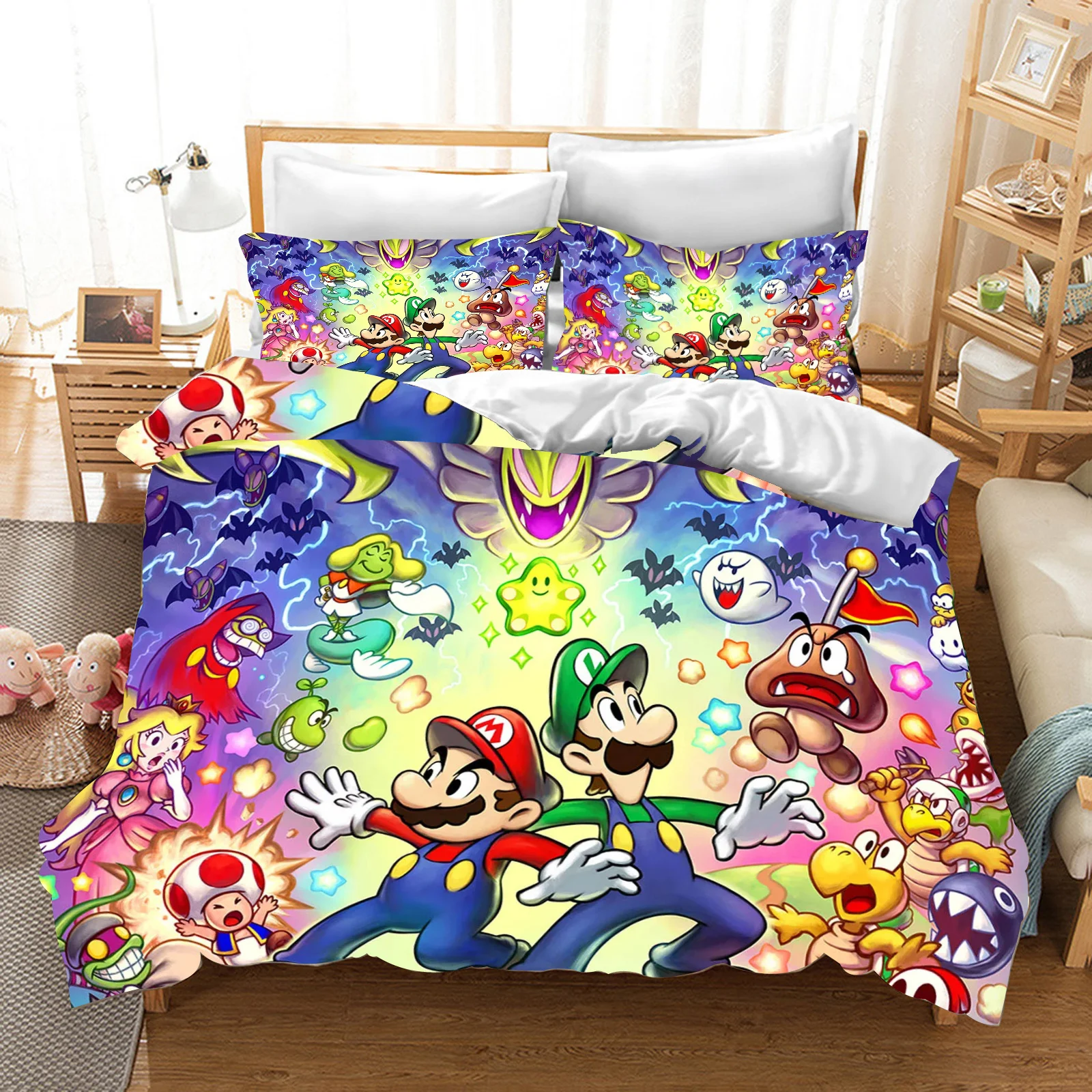 Anime Mario Cartoon Duvet Cover, 3D Printing, Cute Children's Bedroom Set, Polyester, Adult Gift, 2 Pcs, 3Pcs