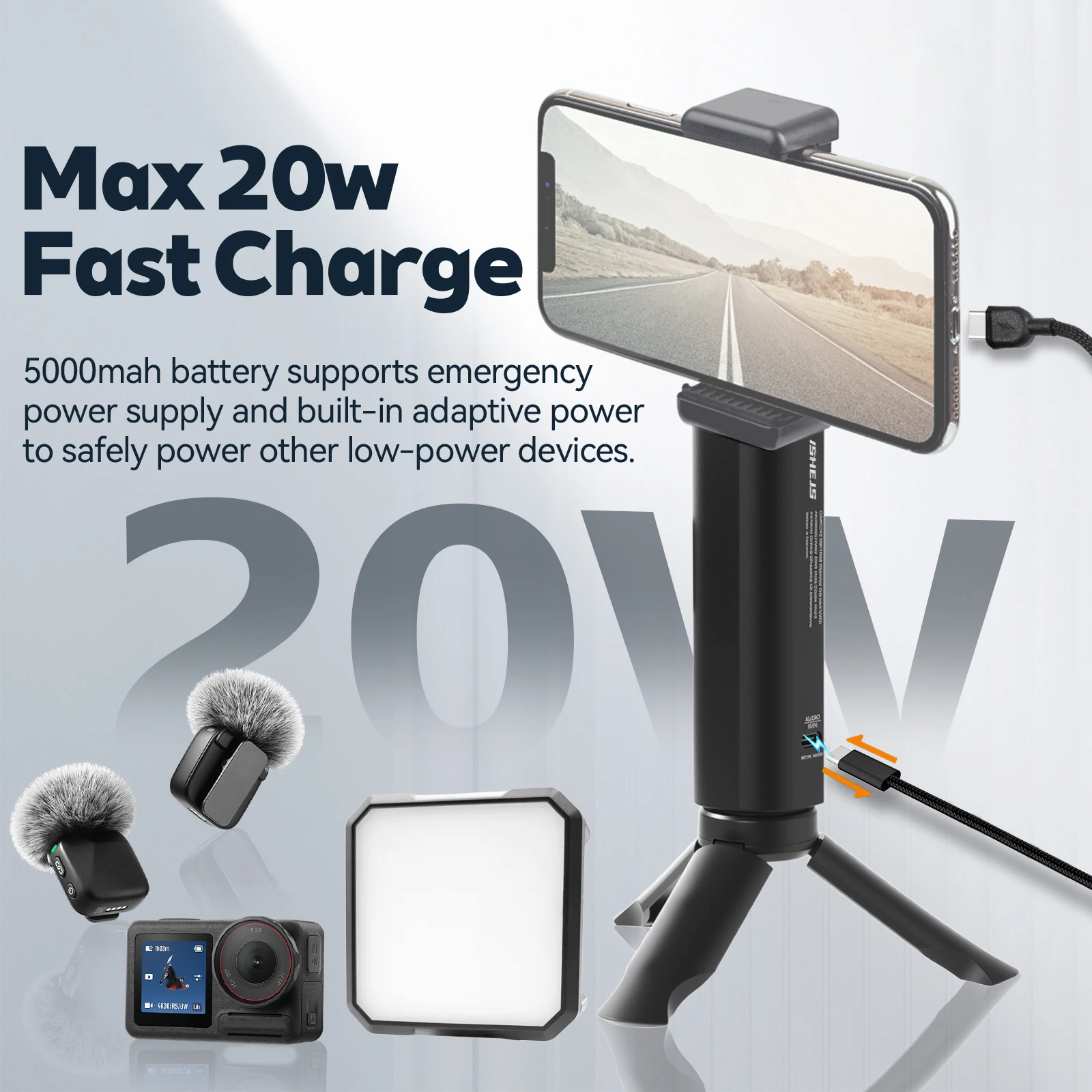 ISHEJS Hand Grip for Smartphone Mirrorless Camera,Type-C Charging Ports ,5000mAh Multi-functional Power Bank with Mini Tripod