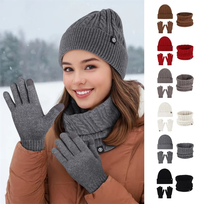 Hat Scarf And Glove Set For Women Winter Warm Soft Knitted Pompom Beanie Female Casual Solid Cashmere Scarf Suit Outdoor Skullis