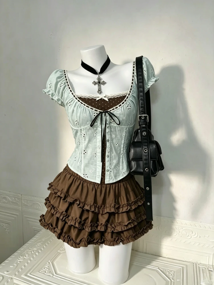 2026 Trendy Korean 2 Piece Skirt Set Patchwork Lace Tops Kawaii Y2K Ruffle Cake Skirt High Waist Slim Chic Women Fashion Outfit