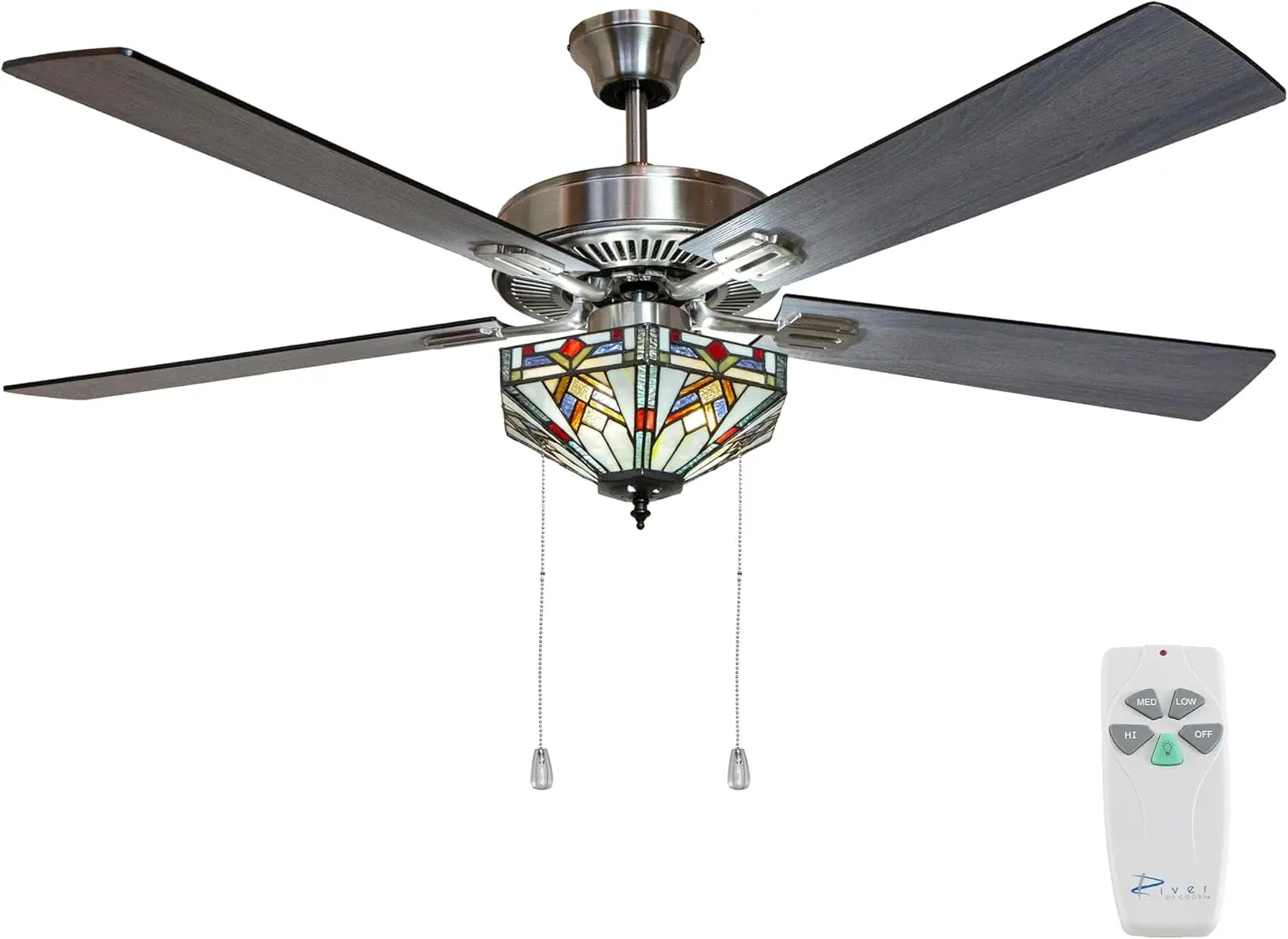 RIVER OF GOODS 52 Inch Mission Tiffany-Style LED Ceiling Fan with Lights - Stained Glass Ceiling Fan Light Fixture with Remote