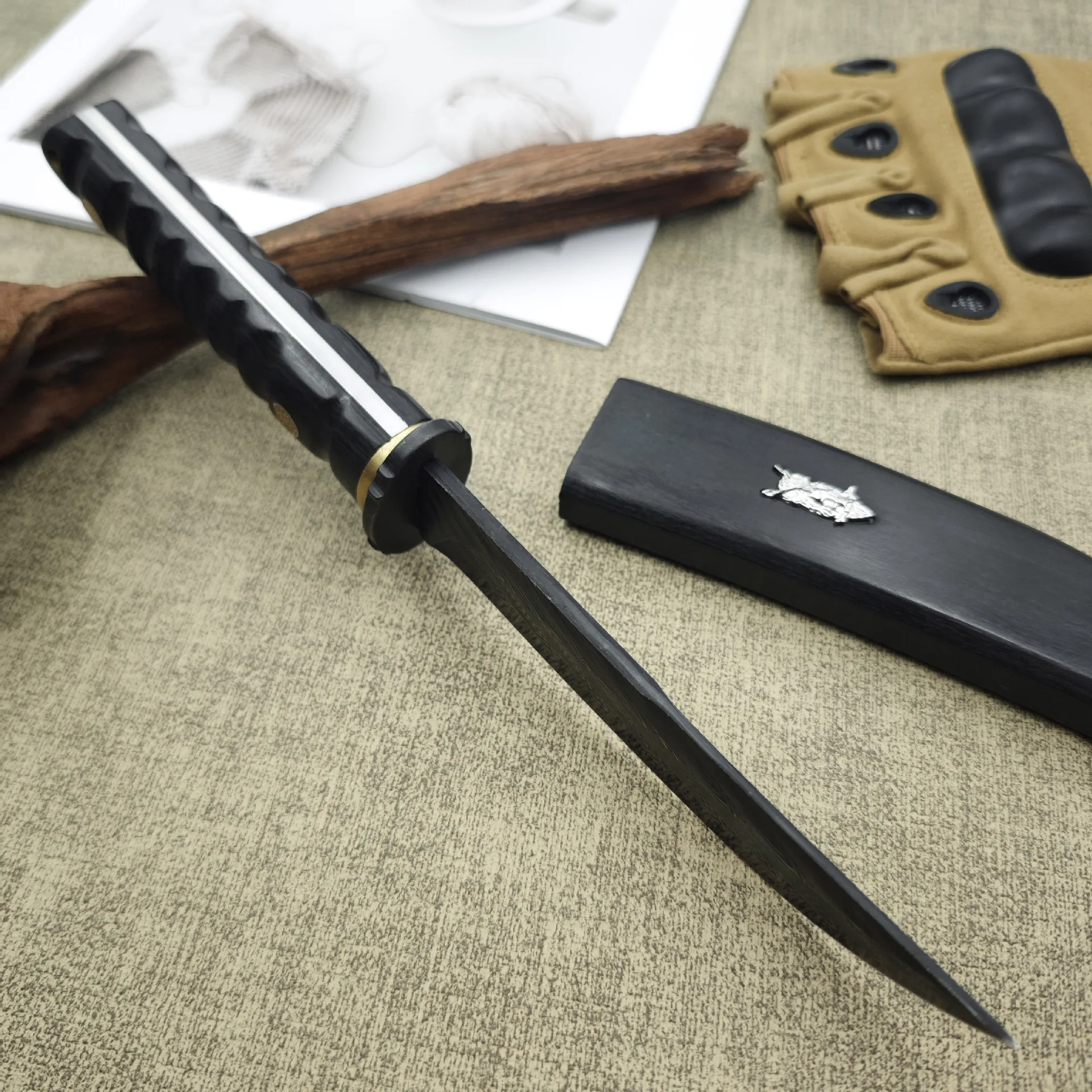 Ebony Wood Handle Owl Pattern Small Straight Knife,High Hardness Sharp Cutter for Hiking Camping Outdoor Household Use