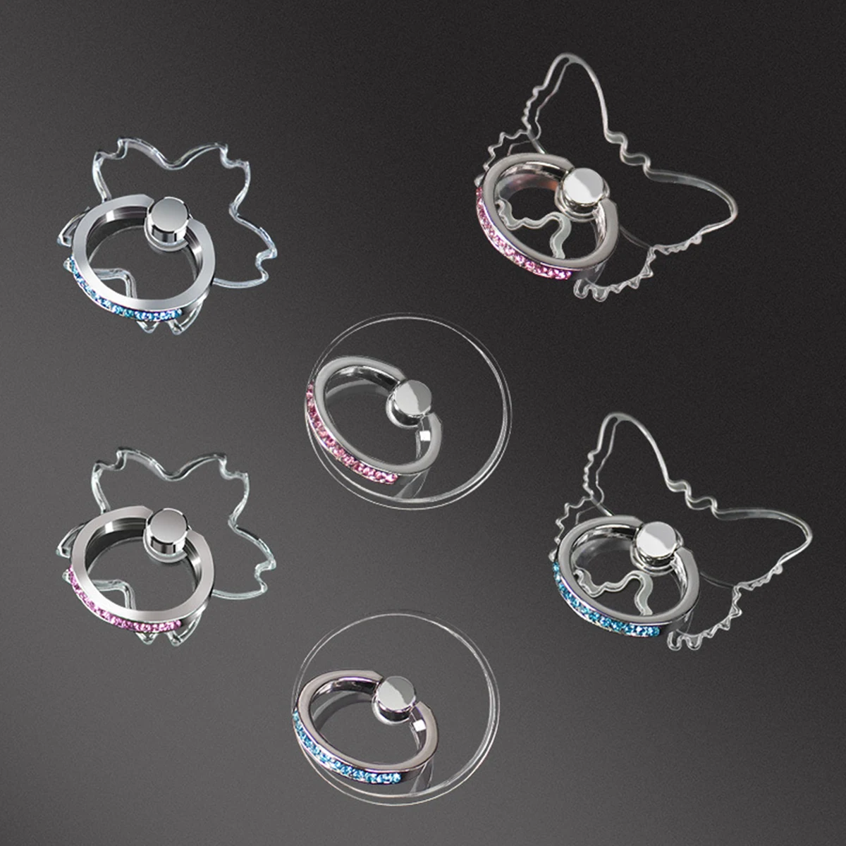 

Transparent Butterfly Cherry Round Zircon Finger Ring Mobile Phone Holders 360° Degree Rotation Compatible iPhones or Phone Case