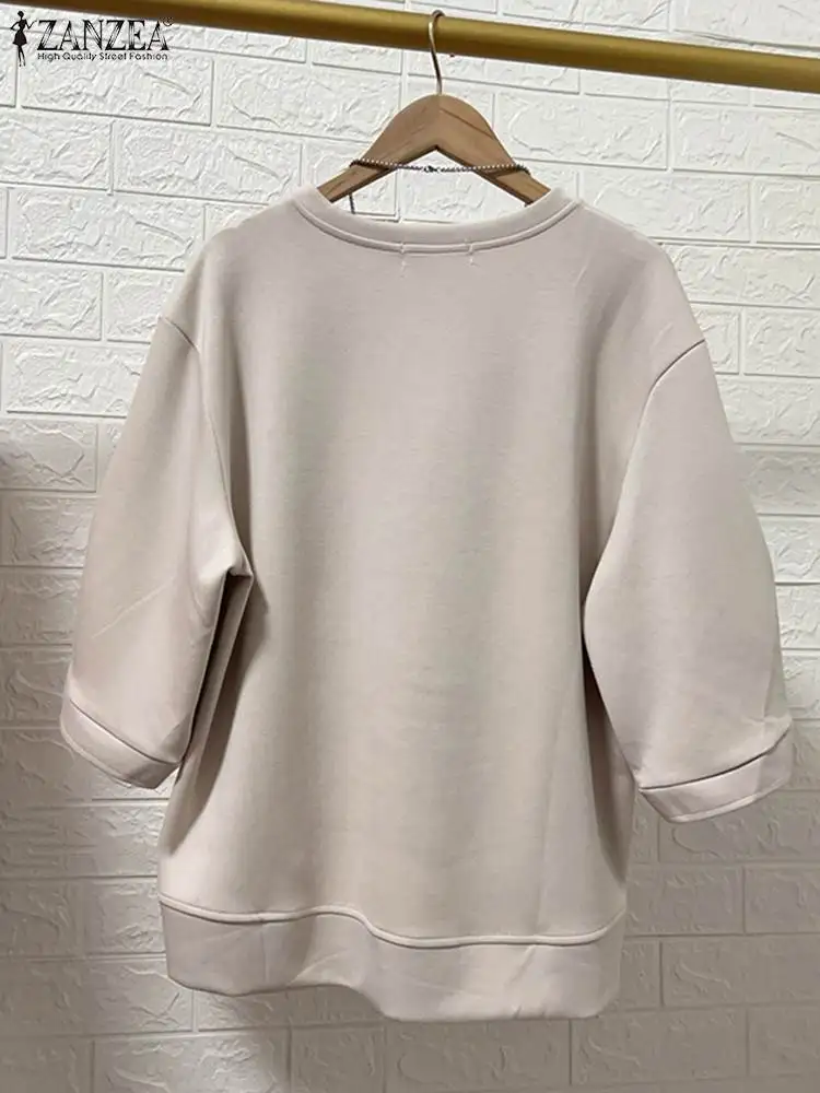 ZANZEA Casual Loose Basic Tops Women Solid Blouse Fashion 3/4 Sleeve O-Neck Tunic Vintage Summer Holiday Twisted Cuff Blusas