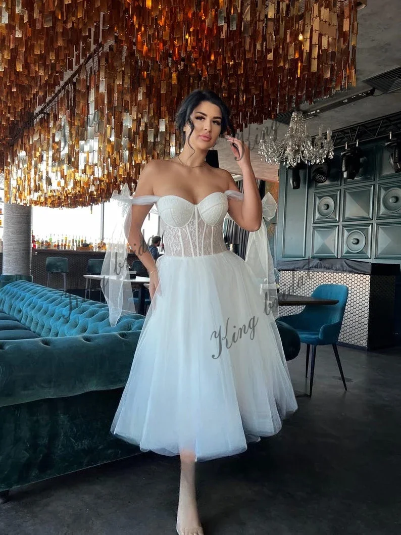 Custom Made Lace Tulle Beach Short Wedding Dresses Ball Gown Bride Dress Simple White Wedding Dress Female 2026 Bride Gowns