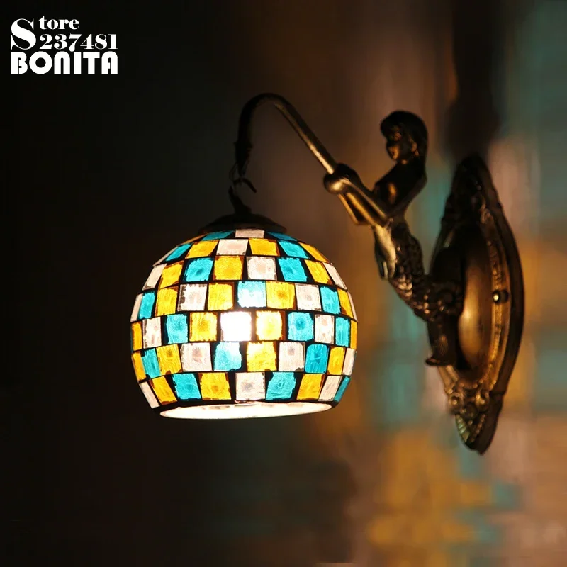 Bohemian Style vintage wall light for bedroom  mermaid Wall Lamp Colorful Pure Handmade Mosaic Glass Shell Sconces Lamps