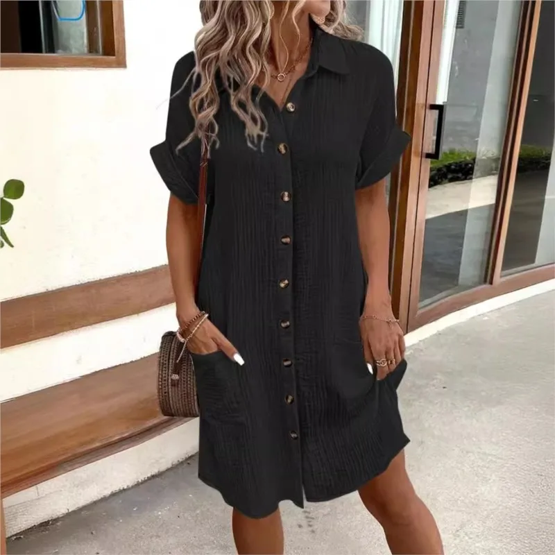 Vintage Women Solid Mini Dress Summer Fashion V-neck Three Quater Sleeve Cotton Linen Dress Ladies Casual Holiday Vestidos