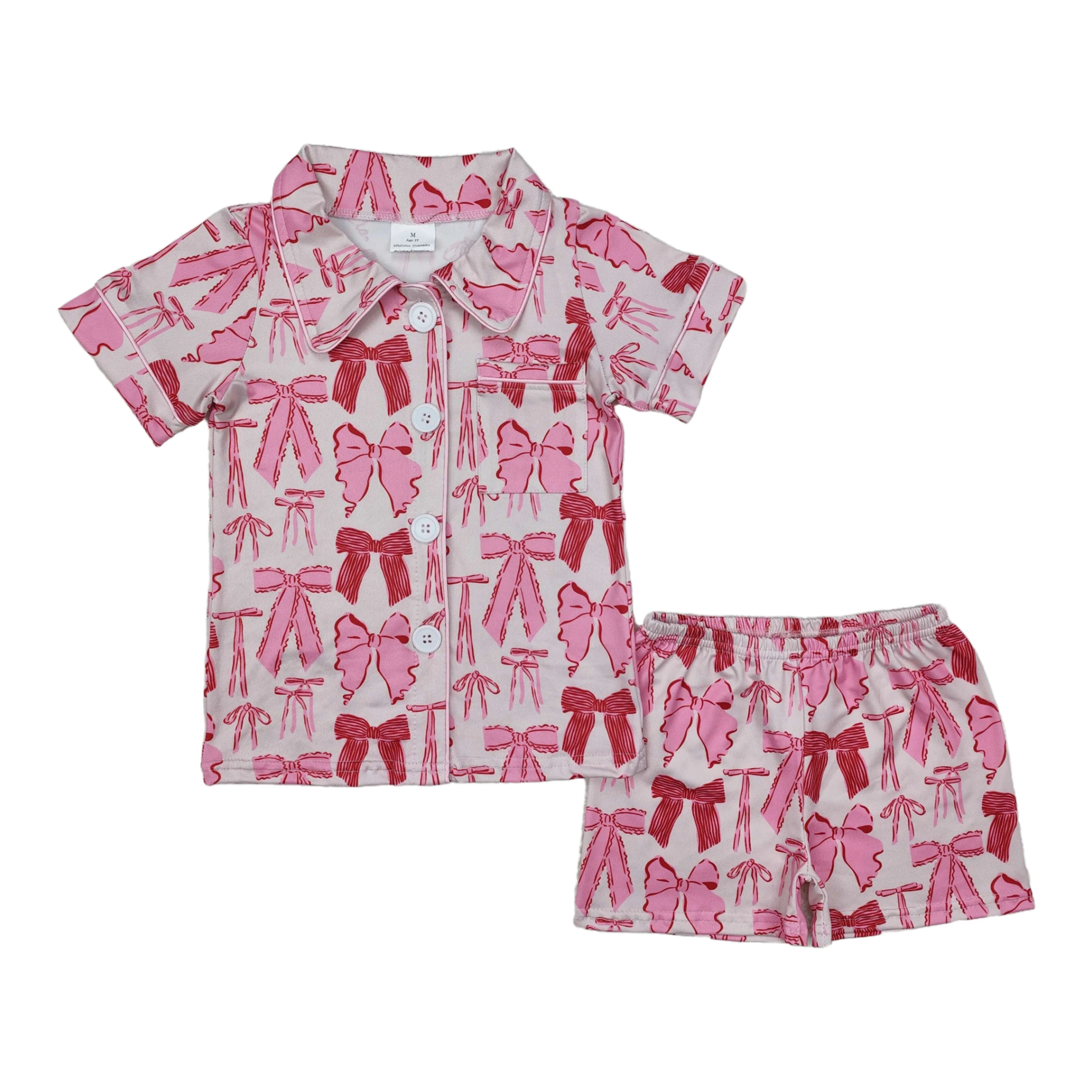 Wholesale Infant Pajamas Outfit Children Nightclothes Baby Girl Short Sleeves Red Pink Bows Pocket Buttons Sleepwear Set Shorts