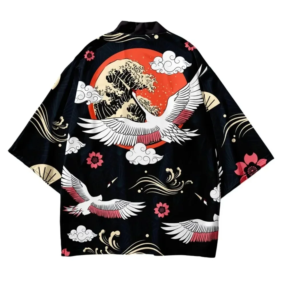 Crane Pattern Print Kimono Cardigan Traditional Men Women Harajuku Yukata Top Japanese Haori Samurai Cosplay Streetwear Clothing