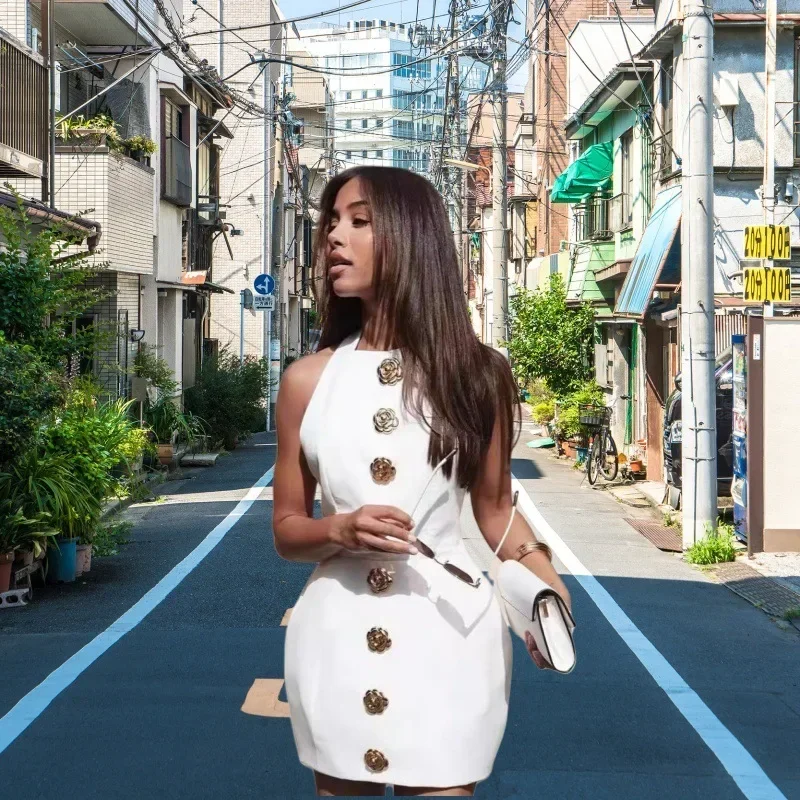 2025 Summer Elegant Women Rose Short Party Dress Chic Halter Backless Sleeveless Mini Dress Holiday Lady Evening Vestidos White