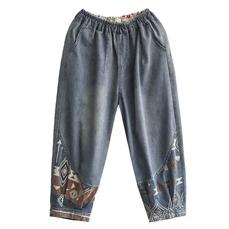 

2024 Summer Baggy Jeans Women's Retro Print Loose Harem Pants Vintage High Elastic Waist Denim Trousers