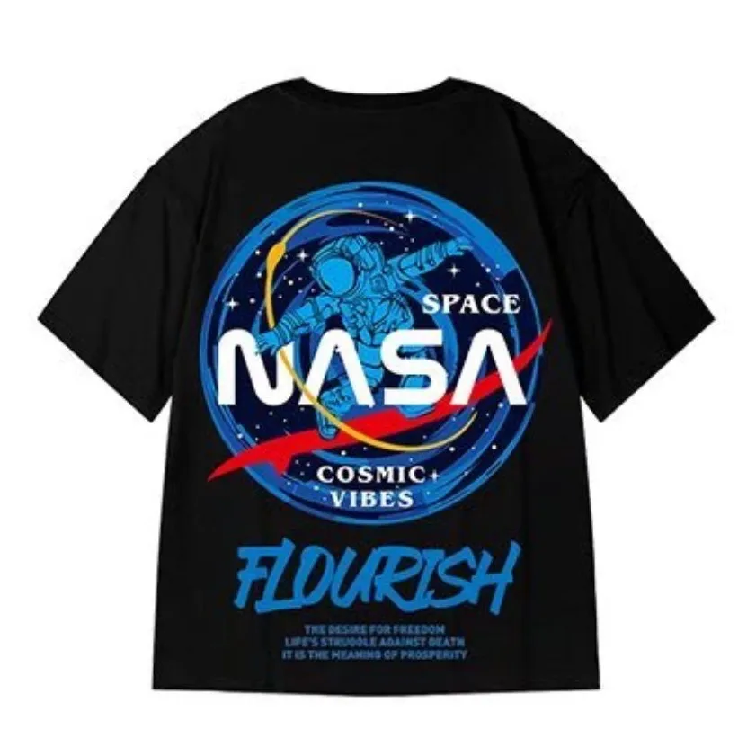 8XL Men Oversized Fashion American Vintage Astronaut NASA pattern Print Short Sleeve Round Neck Versatile Trend Couple outfit image 6