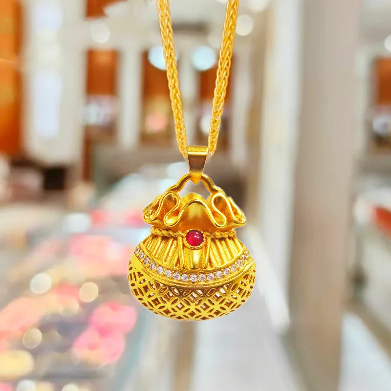 AU999 24K pure gold diamond dotted fortune bag gold pendant for women, ideal matching jewelry for girls gatherings