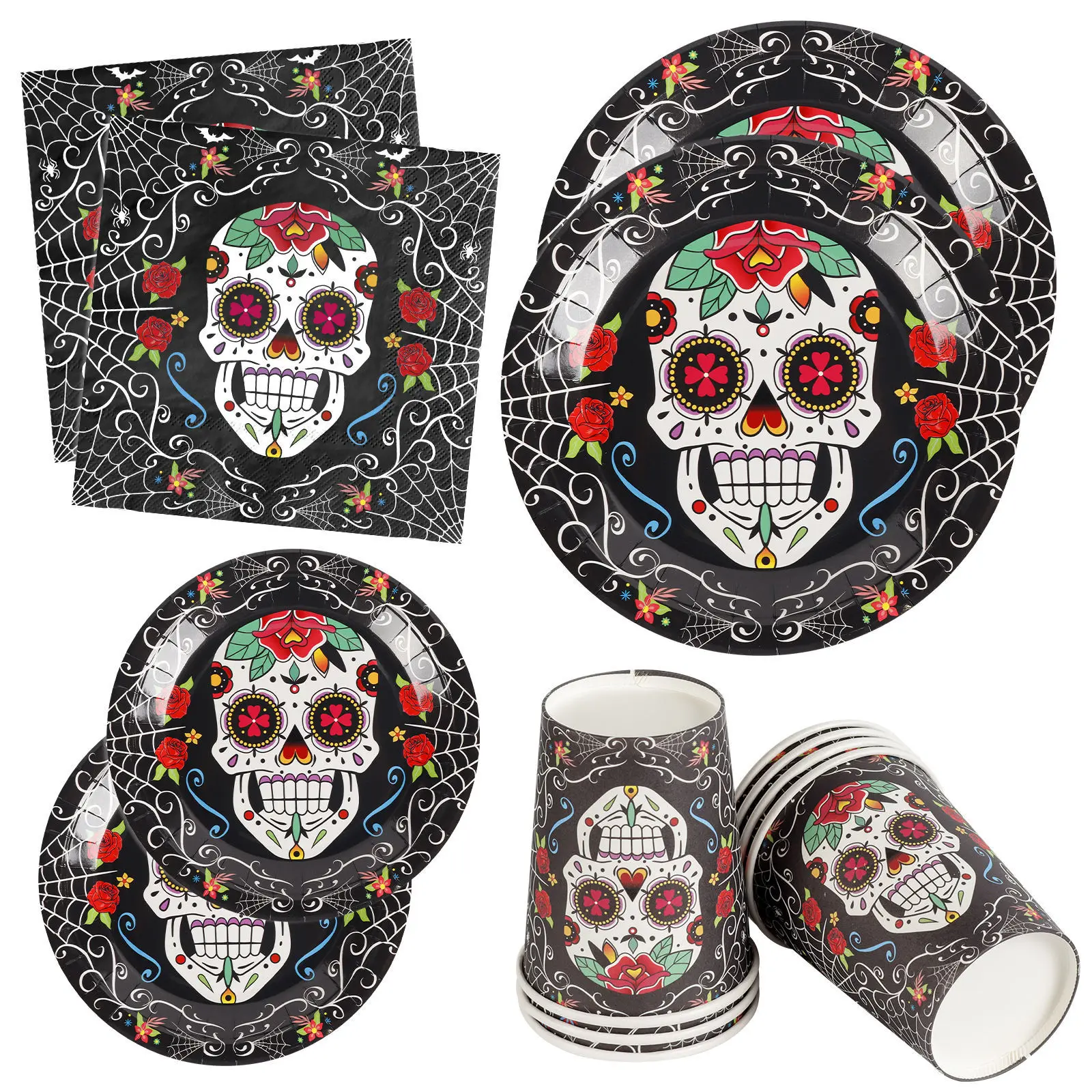 The Day of the Dead Party Supplies Disposable Paper Plate, Paper Cup, Tissue Set, Flower Skull Halloween Utensils