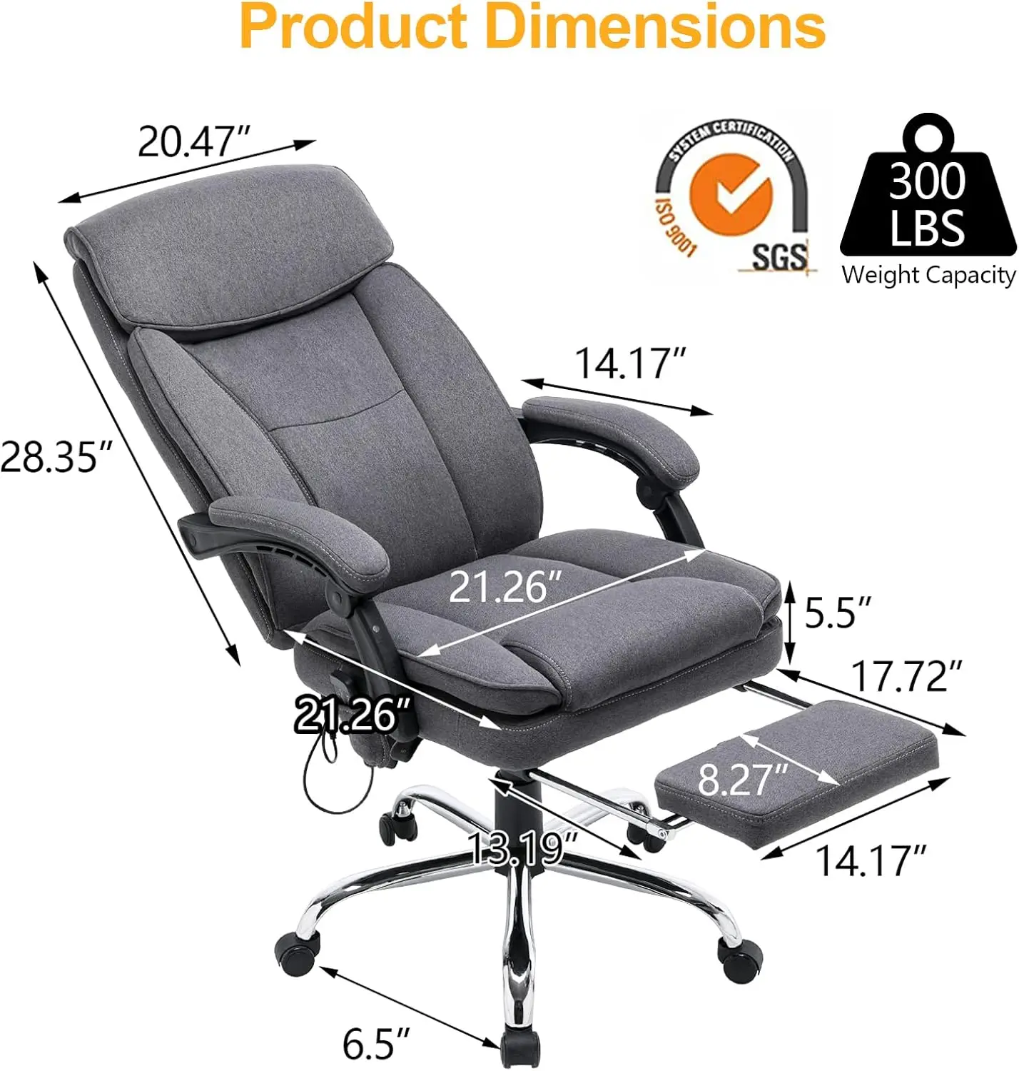 Chaise de Bureau Inclinable avec Énergie, Ergonomique, avec 250-500 aux Pieds, Tissu Respirant, pour Ordinateur, avec Rétractable