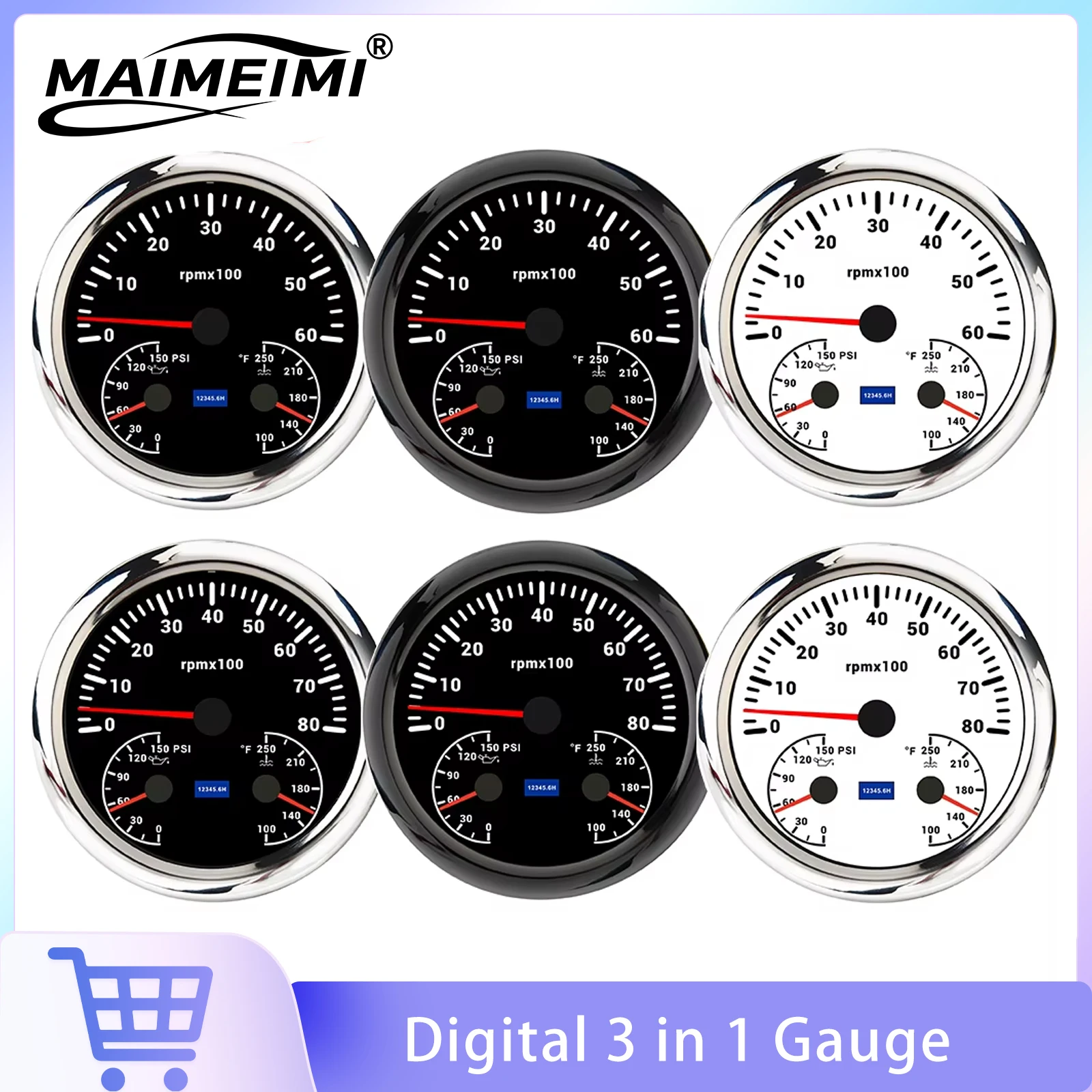 110mm Digital RPM Tachometer + Oil Pressure + Water Temp Gauge 3 in 1 Gauge 6000/8000 RPM Indicator For Marine Boat Car 12V 24V