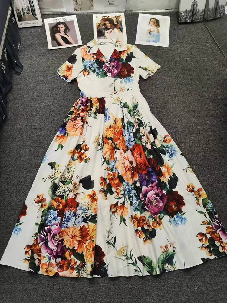 

2025 Summer Women's Short sleeved Shirt Skirt Retro Printed Collar Set Head Drawn High Waist Dress Loose Puff Skirt