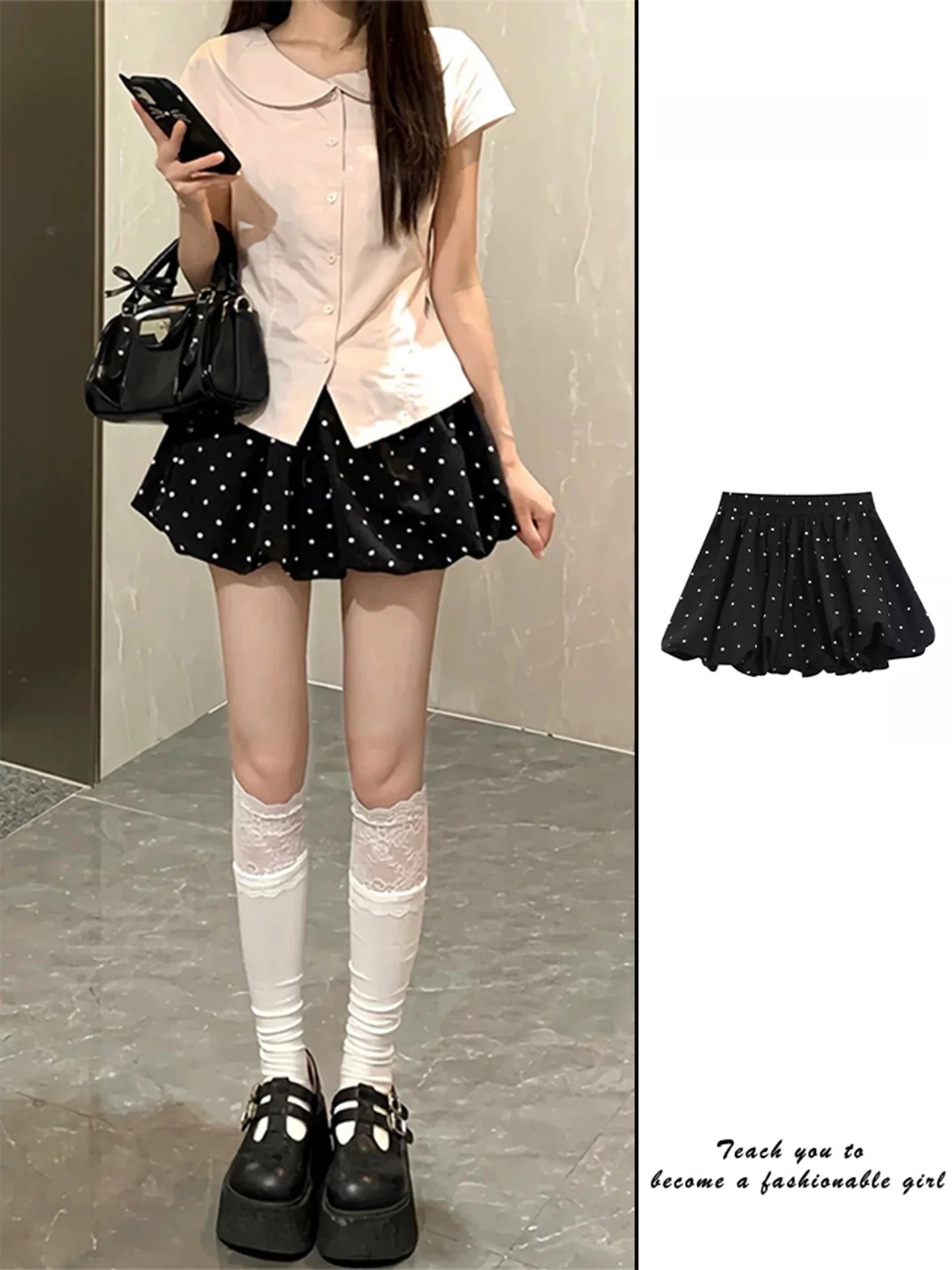 Black Polka Dot Flower Bud Skirt Cake Short Skirt Women Summer Small Size Sweet Pumpkin Pants Skirt Puffy Half-length Skirt