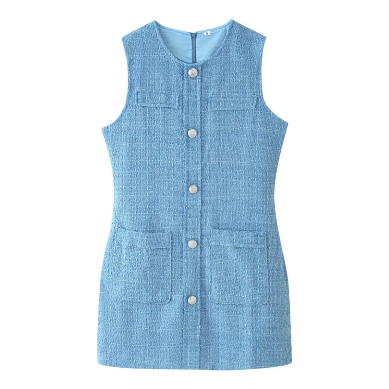 

Women's Button Dress New 2026 Spring Summer Women O-Neck Sleeveless Solid Color Shorts Dress Simple Female Chic Dresses