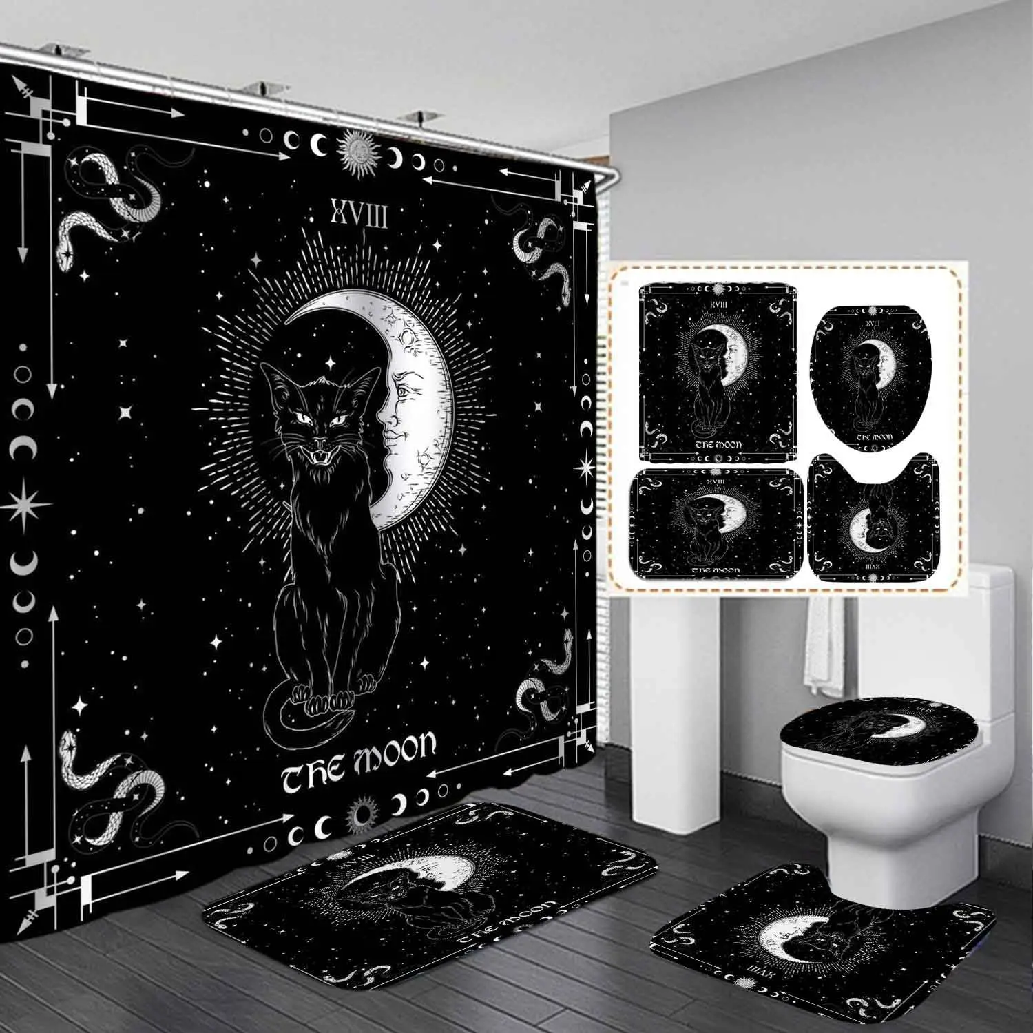 

4PC Witch Black Cat Shower Curtain Set,Tarot Black and White Snake Moon Phase Celestial Mystic Witchy Goth Gothic Bathroom Decor