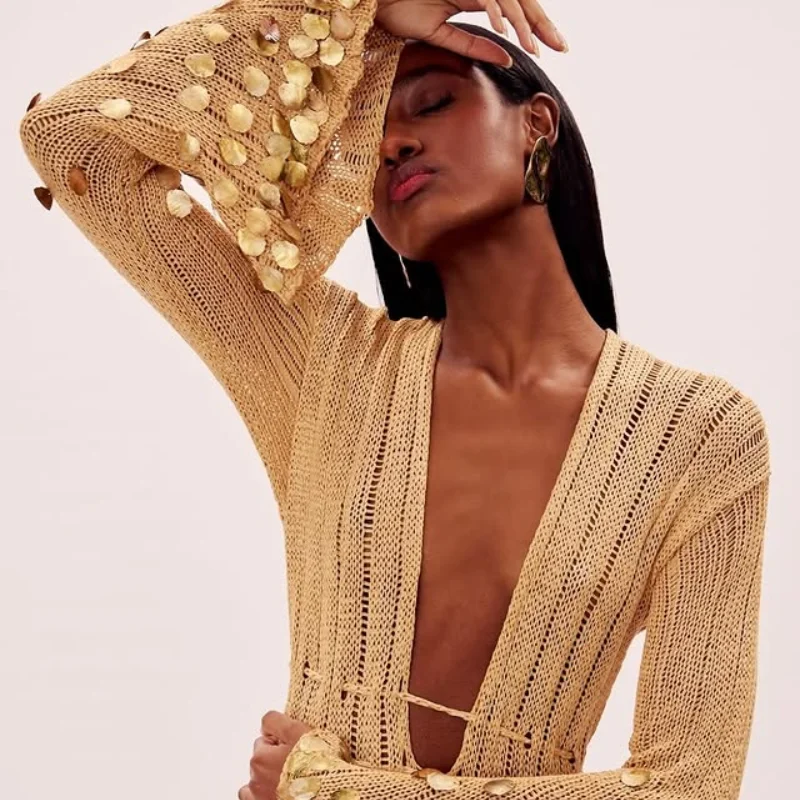 Shinny Sequin Knitted Maxi Dress Deep Neck Lace Up High Waist Long Robes See Though Party Club Dresses 2025 New Lady Clothing image 3