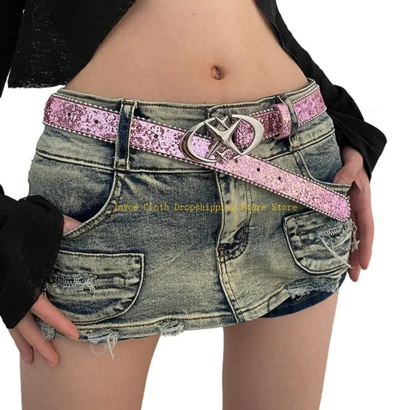 حزام خصر بإبزيم دبوس للنساء لفستان حزام خصر مزين بالترتر حزام نمط هاراجوكو 10CD