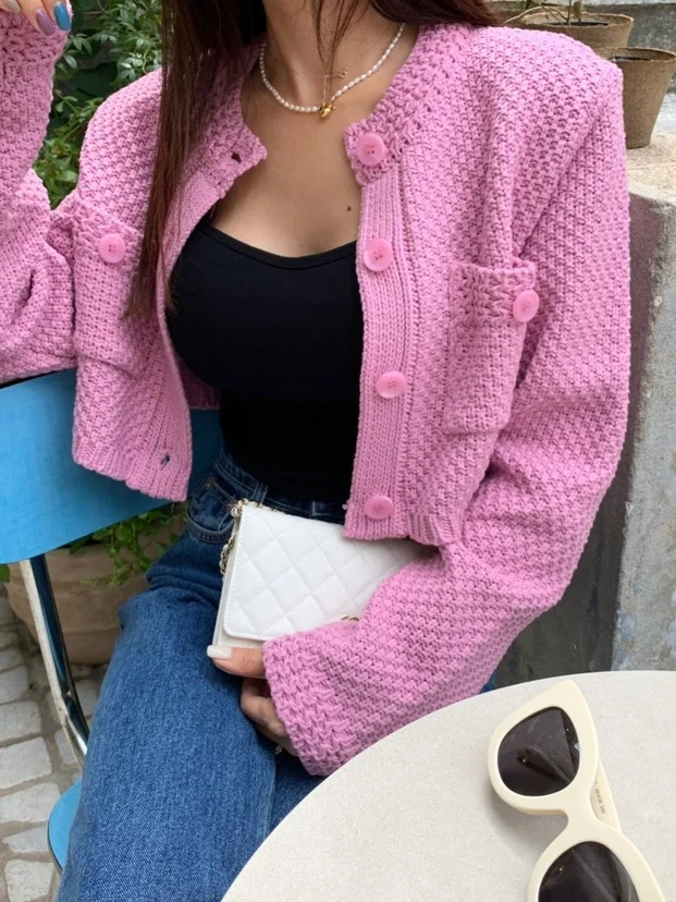 Retro Chic ort Knitted Cardigan Sweater with Double ket Design And round Ne Soft Warm Button up Outerwear for Women