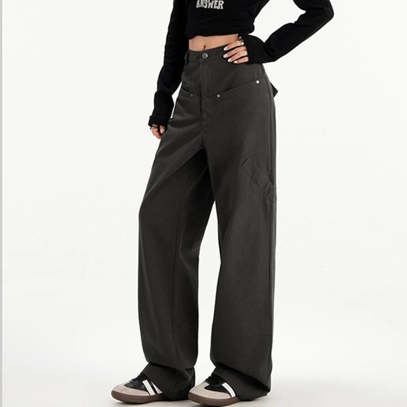 FINEWORDS ريترو جينز كوري غير رسمي للنساء ملابس الشارع جينز عالي الخصر مغسول Easymatch كامل طول واسع الساق من قماش الدنيم السراويل الفضفاضة #5