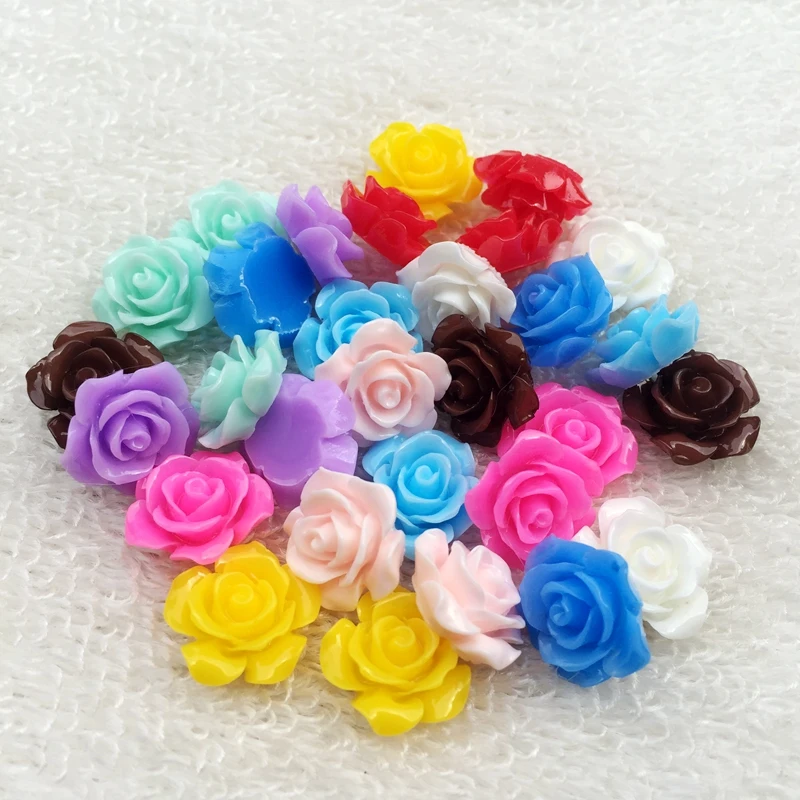 30pcs Mixed Color 15mm Flat Back Resins Cabochon Scrapbook 3D Resin Rose Flower Fit Phone Embellishment DIY -B02