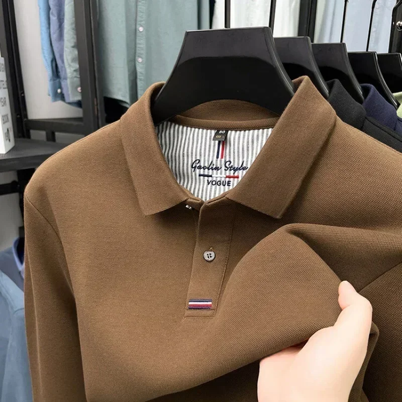 Autumn new thickened double-sided pearl cotton long-sleeved T-shirt men's middle-aged men's lapel POLO casual top image 3