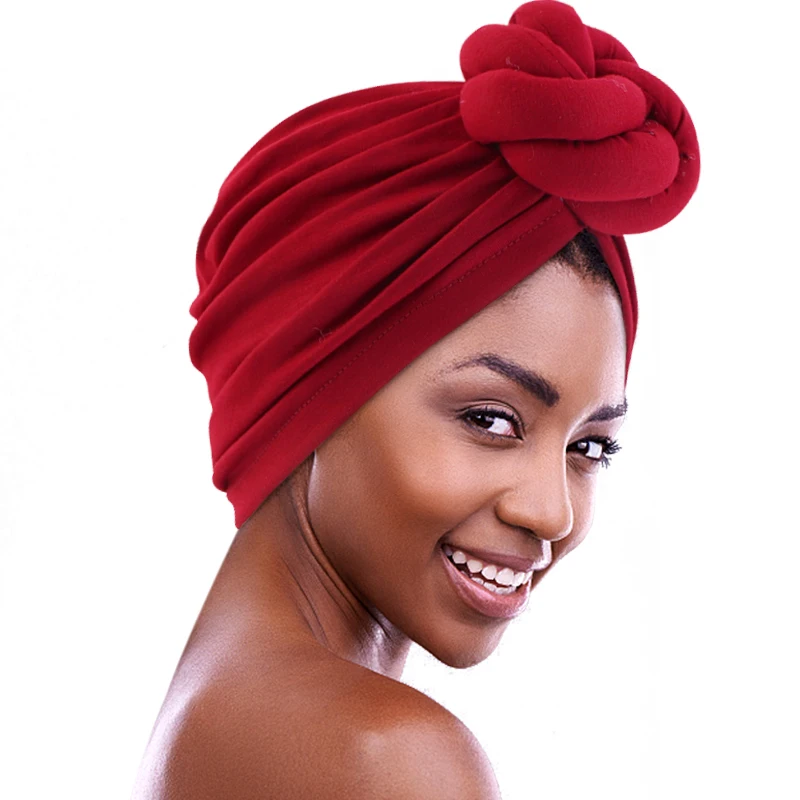 New African Solid Color Knotted Turban Women Cotton Chemo Cap Headscarf Beanie Hat Party Wedding Turban Headwear Turbante Mujer