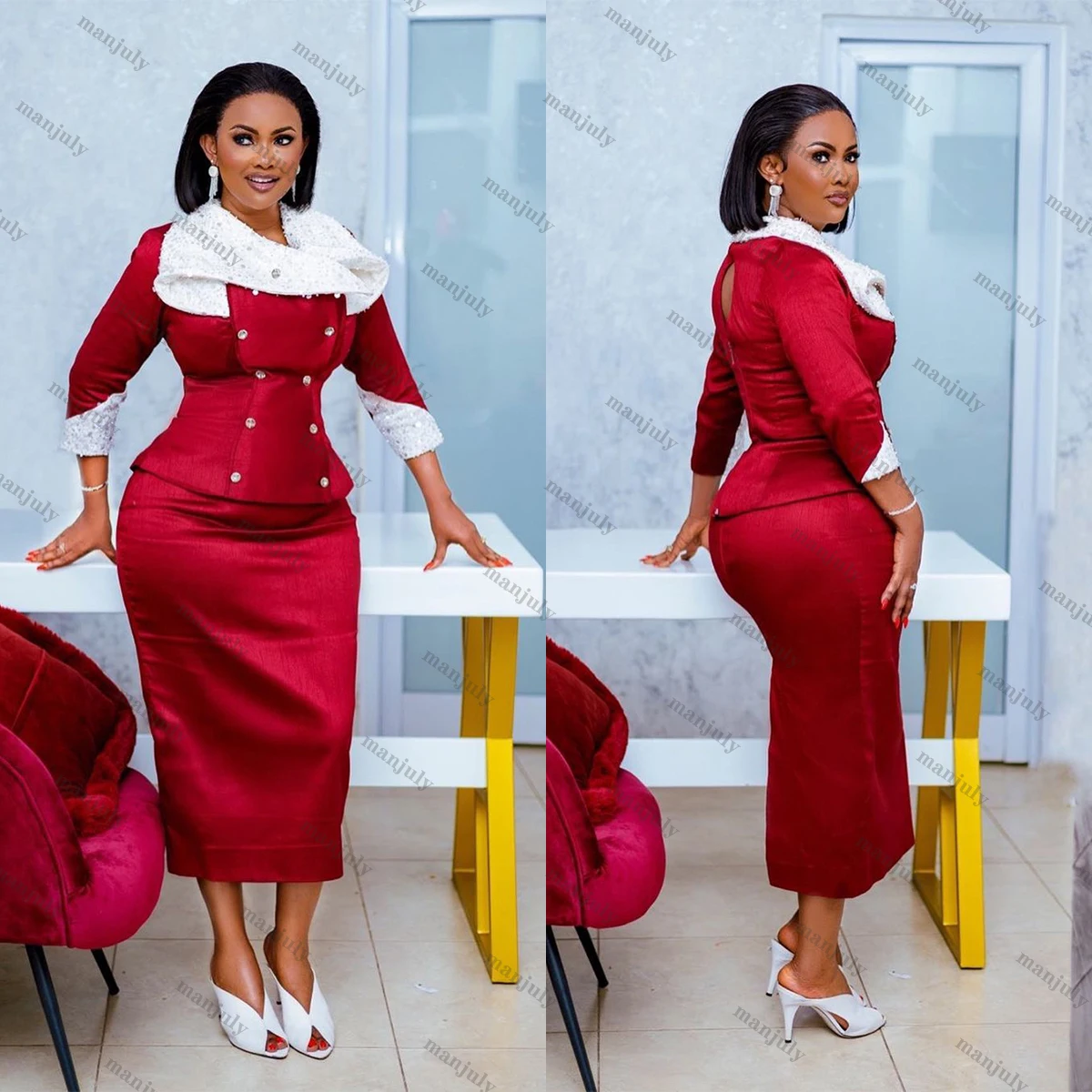 Sequined Women Red Blazer Suit Double Breasted Tops Designed Slim Fit Jacket Tea Length Skirt Daily Elegant Ladies Dresses