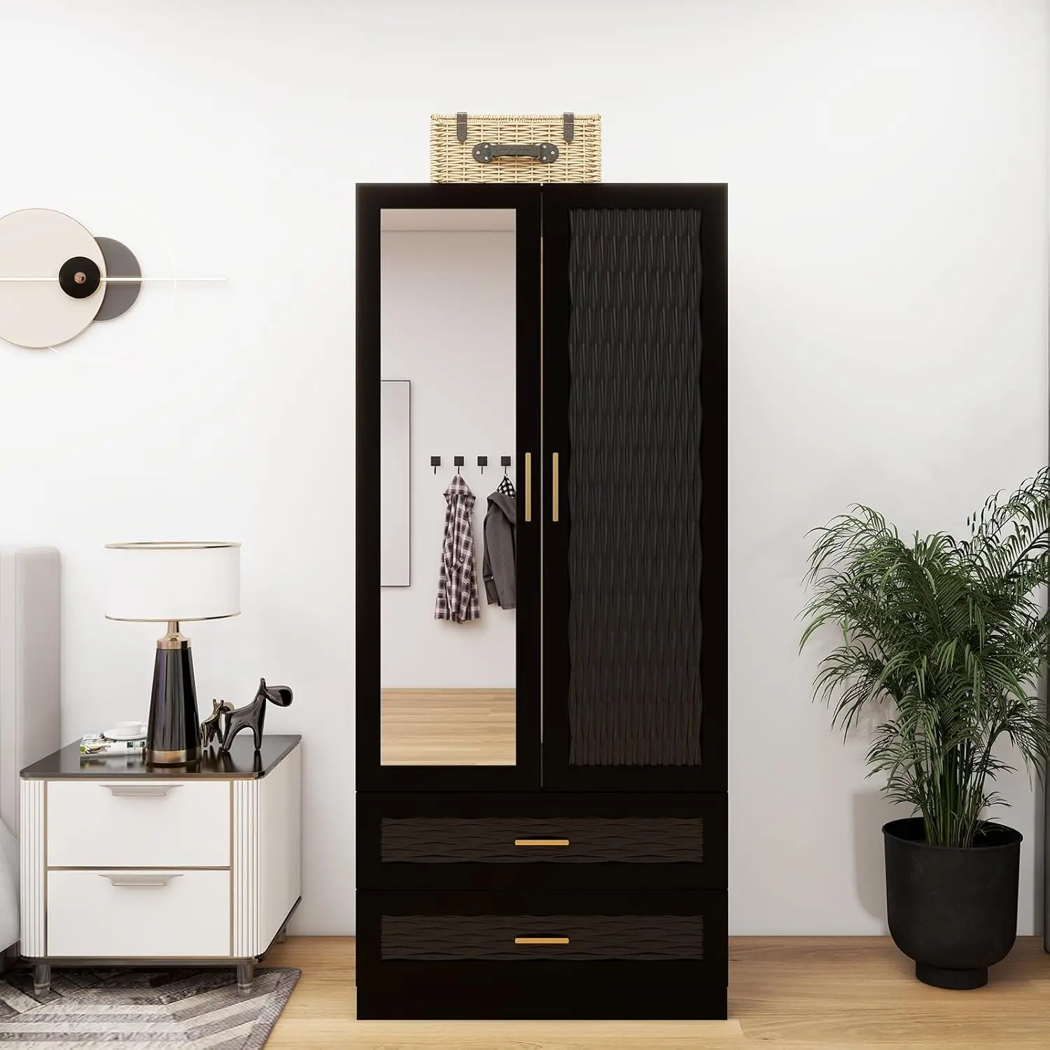 Wooden wardrobe with 2 doors, shelves, 2 drawers, hanging bars 31.5 inches wide x 19.69 inches deep x 70.87 inches high