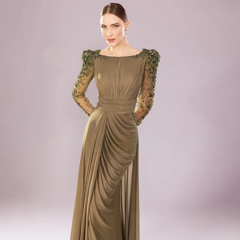 JDY Abito da cerimonia nuziale di lusso personalizzato Abito da sera formale con colonna a maniche lunghe in cristallo Abito da sposa con spacco laterale in chiffon