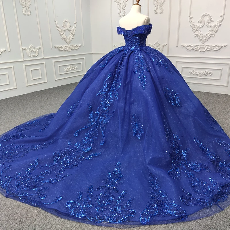 Exquisites romantisches Quinceanera-Kleid für Mädchen, blaues, trägerloses, schulterfreies Ballkleid mit Schnürung und Pailletten