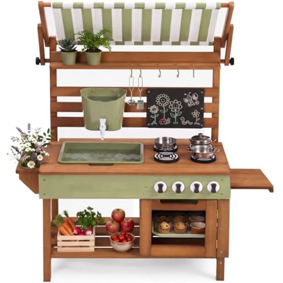 

Outdoor mud kitchen for kids: deluxe wooden play set with canopy, water tank faucet, sink, 14-piece accessories, gardening pret