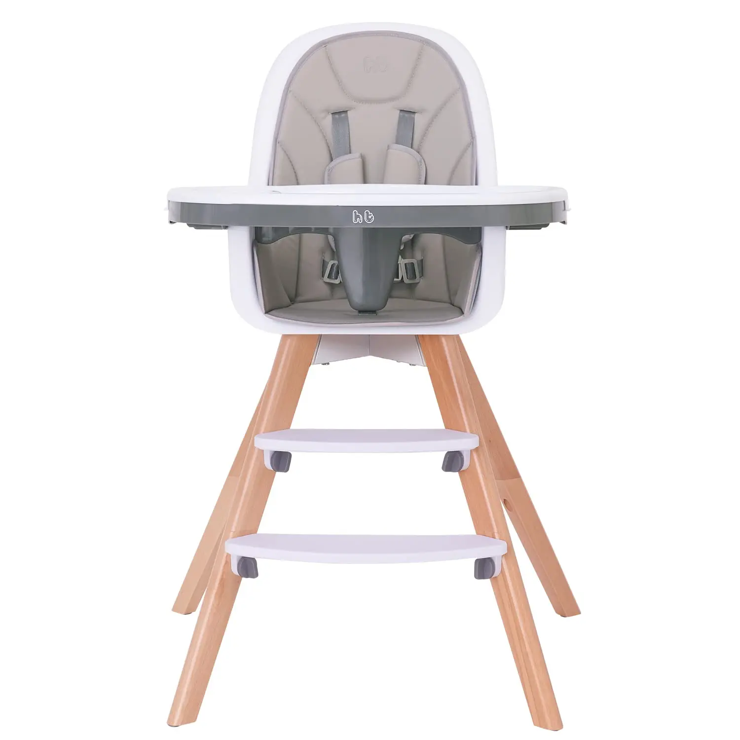 3-in-1 Baby High Chair, Wooden High Chair/Convertible High Chair/Booster Seat with Double Removable Tray, 5-Point Harness, PU