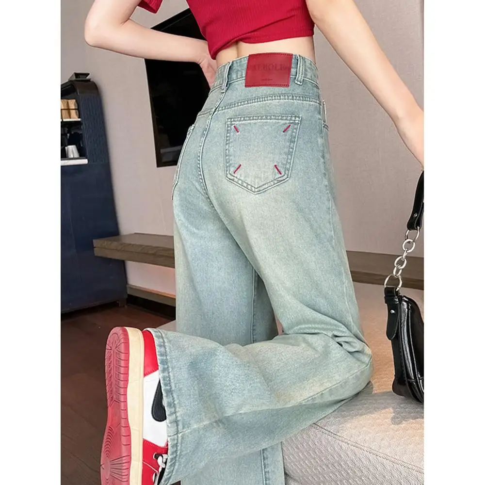 

Джинсы женские с высокой талией, широкие штанины, весна-лето 2025, прямые, длиной в пол, повседневные, однотонные, хлопок/полиэстер