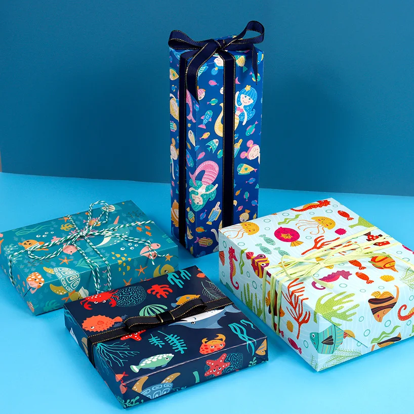 9 Pcs Cartoon Sea World Style Wrapping Paper Roll for Wedding Kids Birthday Holiday Baby Shower Gift Wrap Crafts Paper Decor