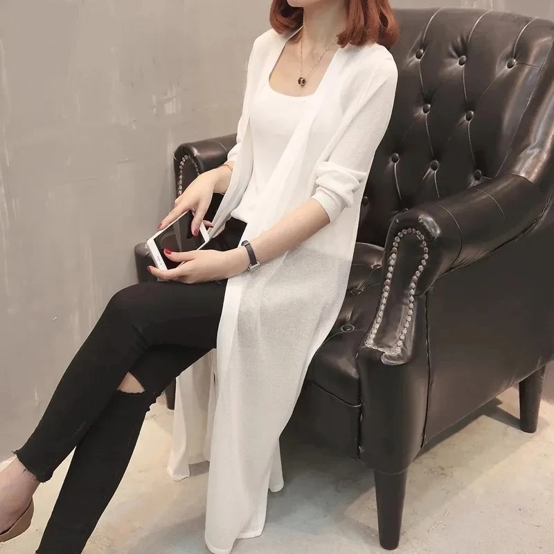 

Женская летняя шаль с рукавами семь очков, солнцезащитная куртка, женская версия средней длины, кардиган из ледяного шелка, вязаное солнцезащитное пальто