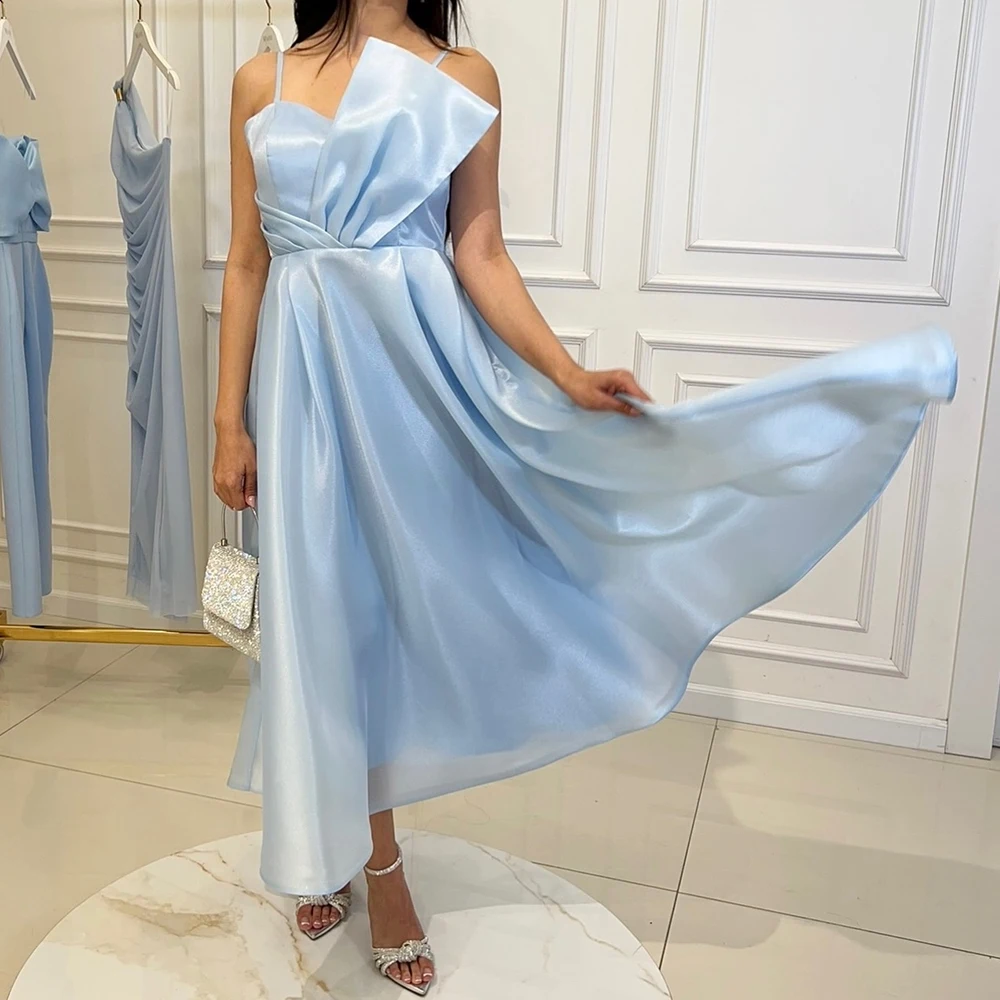 Customized Delicate A-Line Ankle Length Strapless Spaghetti Straps Satin Pleats Evening Dress Fashion vestidos para mujer