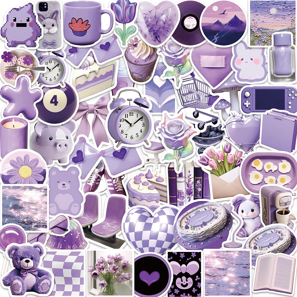 10/30/56PCS Cute Purple INS Style Cartoon Stickers Simple DIY Bike Travel Luggage Guitar Laptop Waterproof Graffiti Sticker Toy