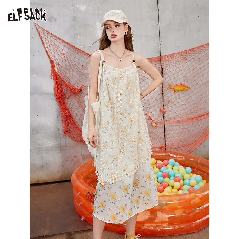 ELFSACK 2024 Summer New Arrivals Lace floral camisole dress with irregular temperament for women, vacation style dress