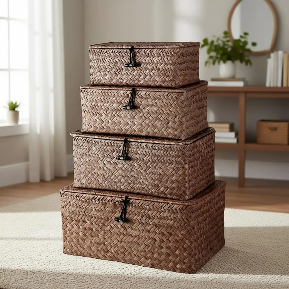 

Набор из 4 плетеных корзин для хранения с крышками для организации дома и офиса