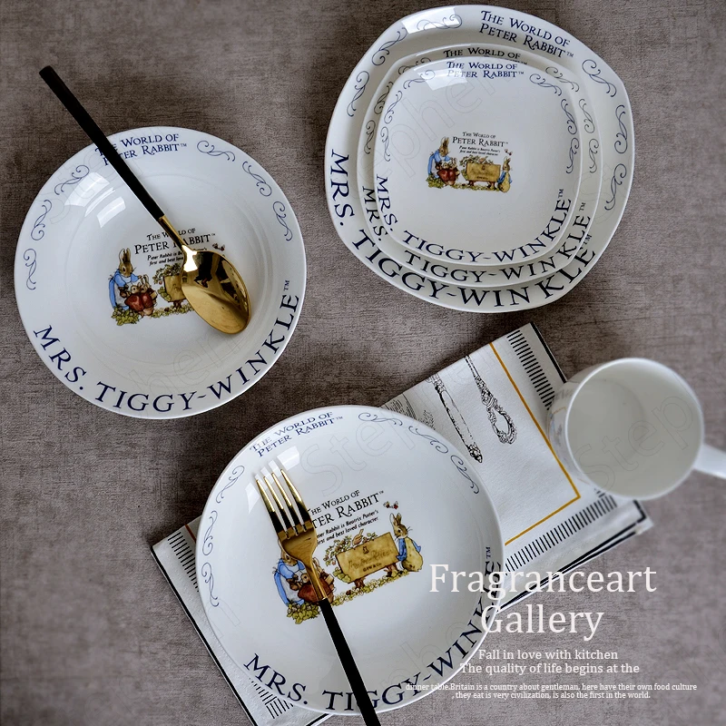 American Pastoral Cartoon Rabbit Dinner Set Plates and Dishes Painted Bone China Cake Dessert Dish Ceramic Plate Home Tableware