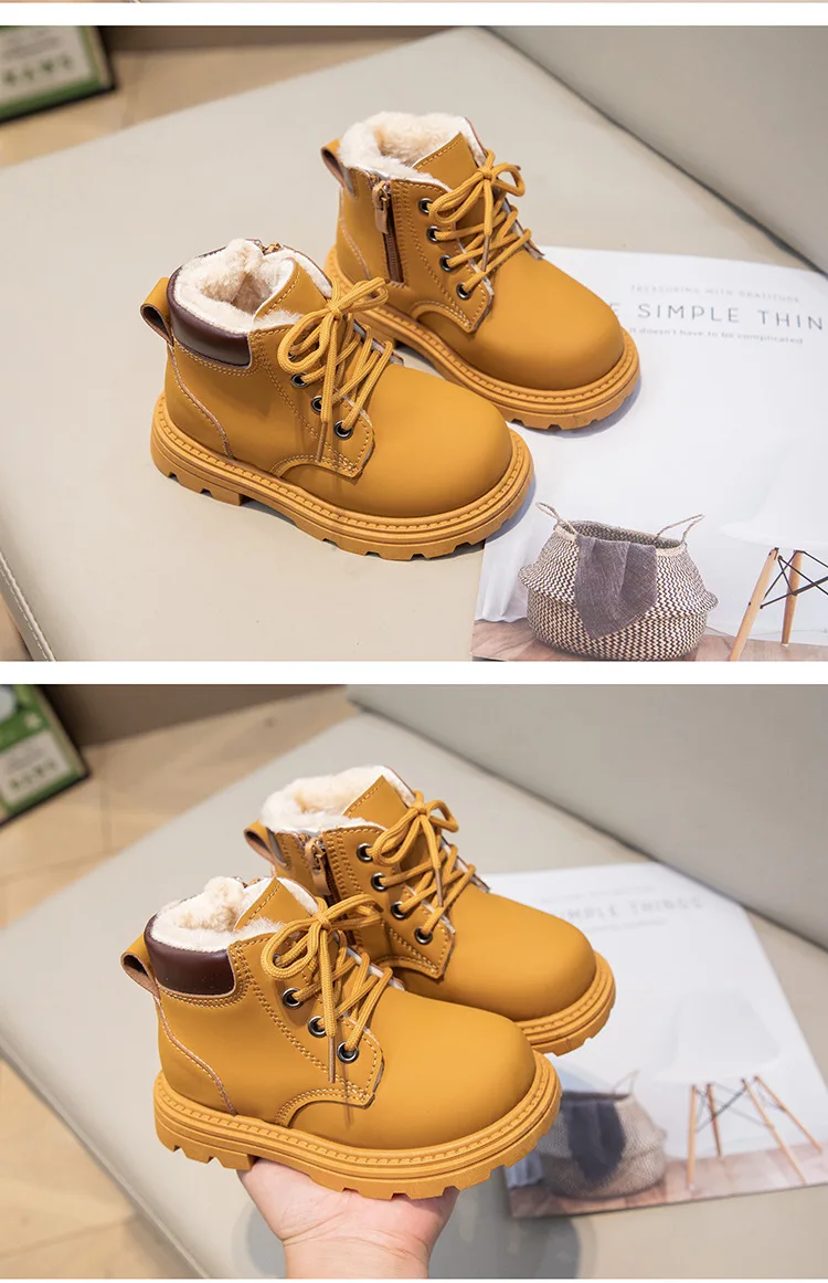 Neue Kinder-Mode-Stiefel, Winter, verdickte, rutschfeste, warme Lederstiefel für Jungen und Mädchen, seitlicher Reißverschluss, einfarbig, Freizeitschuhe für Kinder – Detail 10