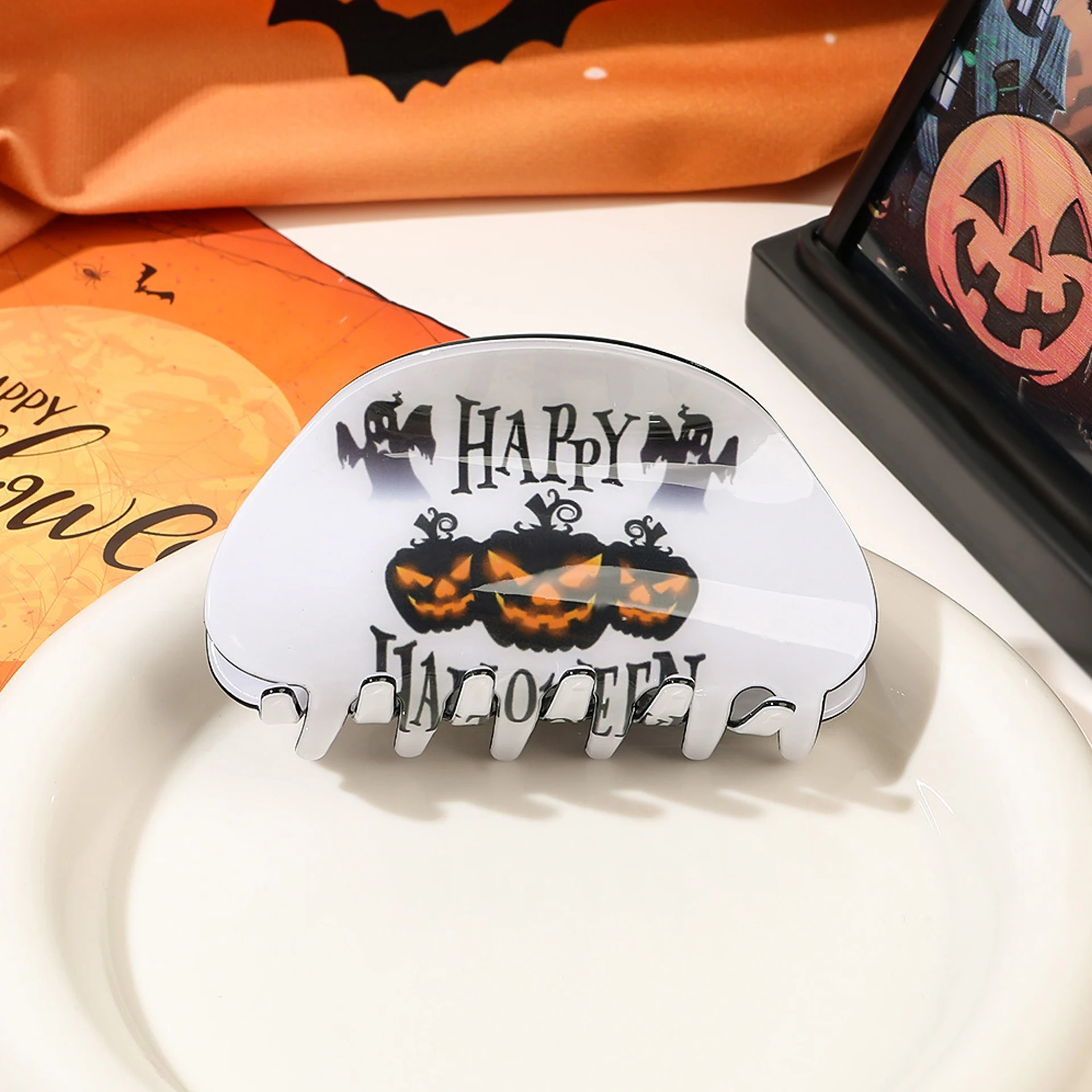 1 Stück Halloween Gruselige Fledermäuse Geister Schreckliche Atmosphäre Dekorationen Haarklammern für die Rückseite des Kopfes Kürbis-Haarspange – Detail 7